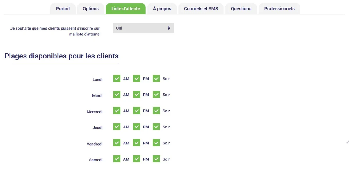 Options de la liste d'attente des rendez-vous en ligne dans L'AssisTemps